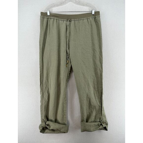 Ellen Tracy Pants - ELLEN TRACY Pants L COMPANY Linen Roll Cuff Elastic Waistband Lounge Green Vtg